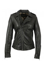 A dark khaki sheep leather biker jacket, slim and rock-chic in design. - Image n°8