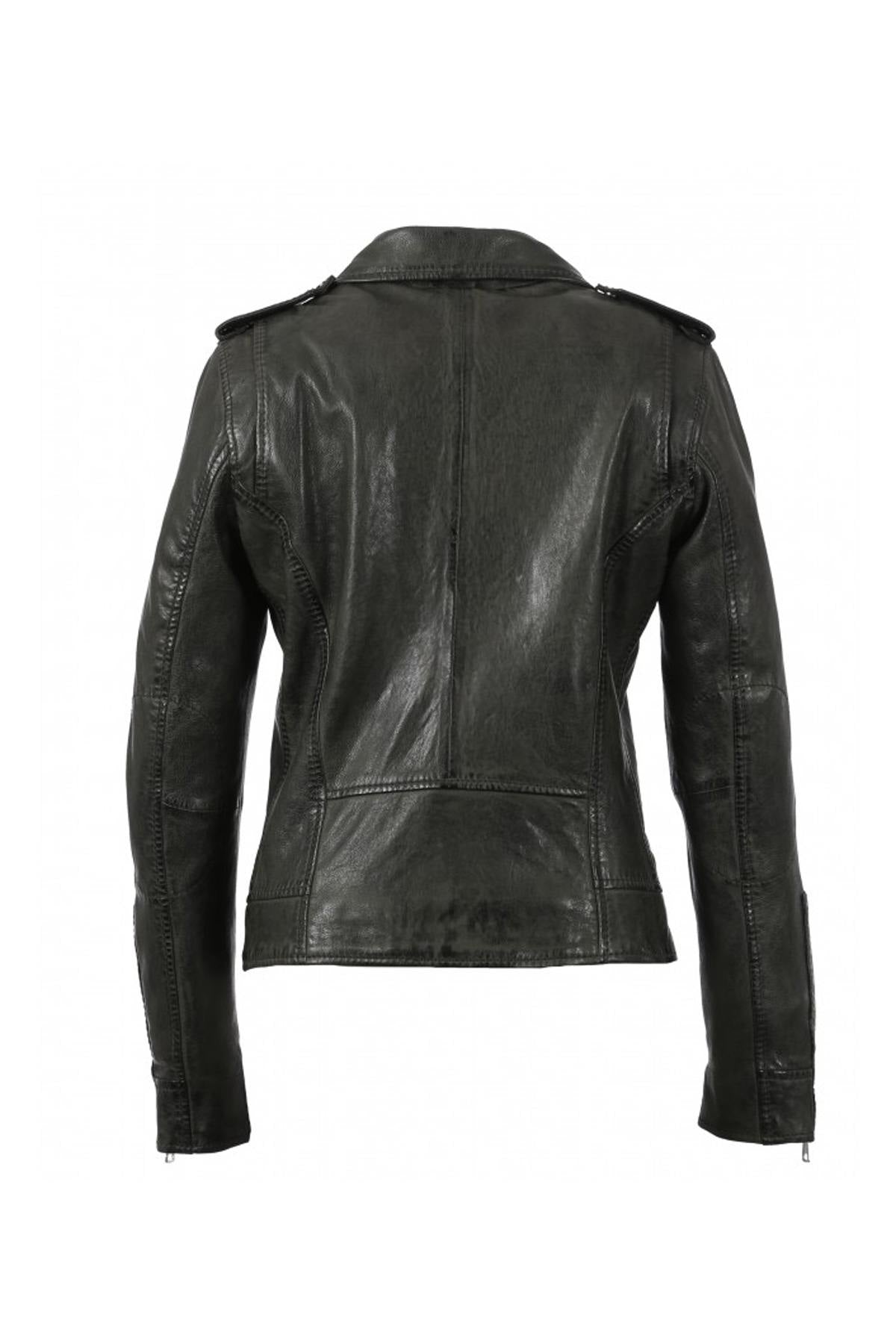 A dark khaki sheep leather biker jacket, slim and rock-chic in design. - Image n°10