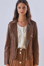 Fitted hazelnut-colored Biker Jacket - Image n°1