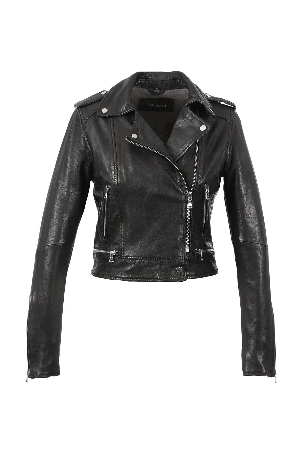 Slim black lambskin jacket, cropped and glossy. Lightweight rock edge. - Image n°2