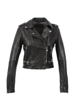 Slim black lambskin jacket, cropped and glossy. Lightweight rock edge. - Image n°2