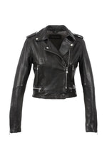 Slim black lambskin jacket, cropped and glossy. Lightweight rock edge. - Image n°2