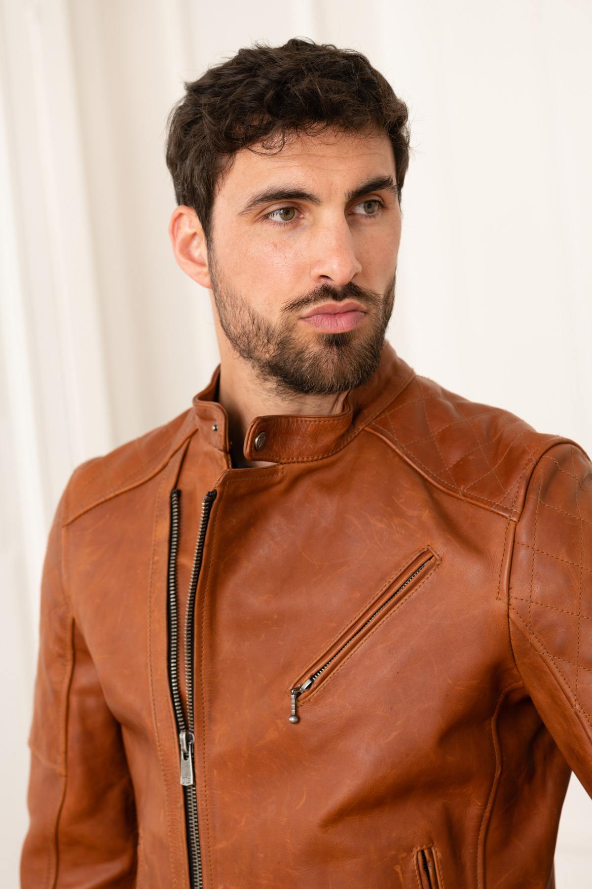Cognac cowhide jacket. Rugged biker style, sharp tailoring. - Image n°1