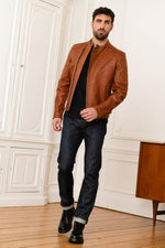 Cognac cowhide jacket. Rugged biker style, sharp tailoring. - Image n°3