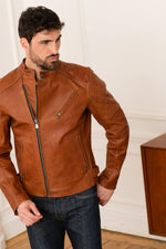 Cognac cowhide jacket. Rugged biker style, sharp tailoring. - Image n°6