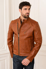 Cognac cowhide jacket. Rugged biker style, sharp tailoring. - Image n°7