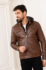 Moto-style sheep leather jacket with washed finish and removable hood. - Image n°13