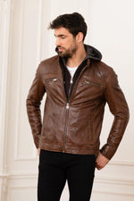 Moto-style sheep leather jacket with washed finish and removable hood. - Image n°4