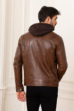 Moto-style sheep leather jacket with washed finish and removable hood. - Image n°10