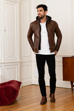 Moto-style sheep leather jacket with washed finish and removable hood. - Image n°6