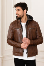 Moto-style sheep leather jacket with washed finish and removable hood. - Image n°8