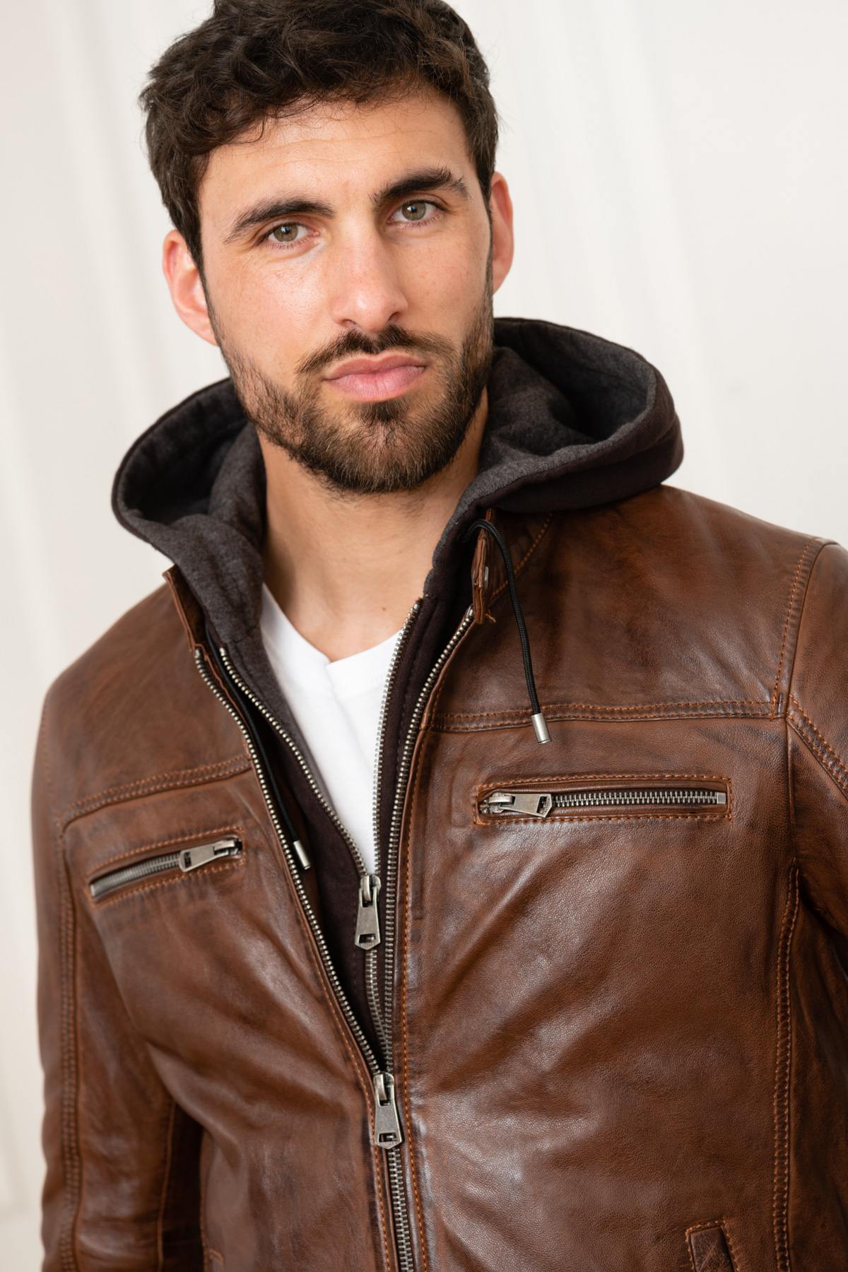 Moto-style sheep leather jacket with washed finish and removable hood. - Image n°14
