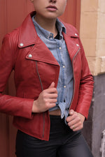 Vibrant red lambskin Perfecto by Schott, slim-fit for seasonal edge. - Image n°1
