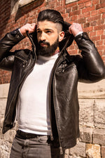 Premium black sheepskin jacket with a removable hood for any season. - Image n°9