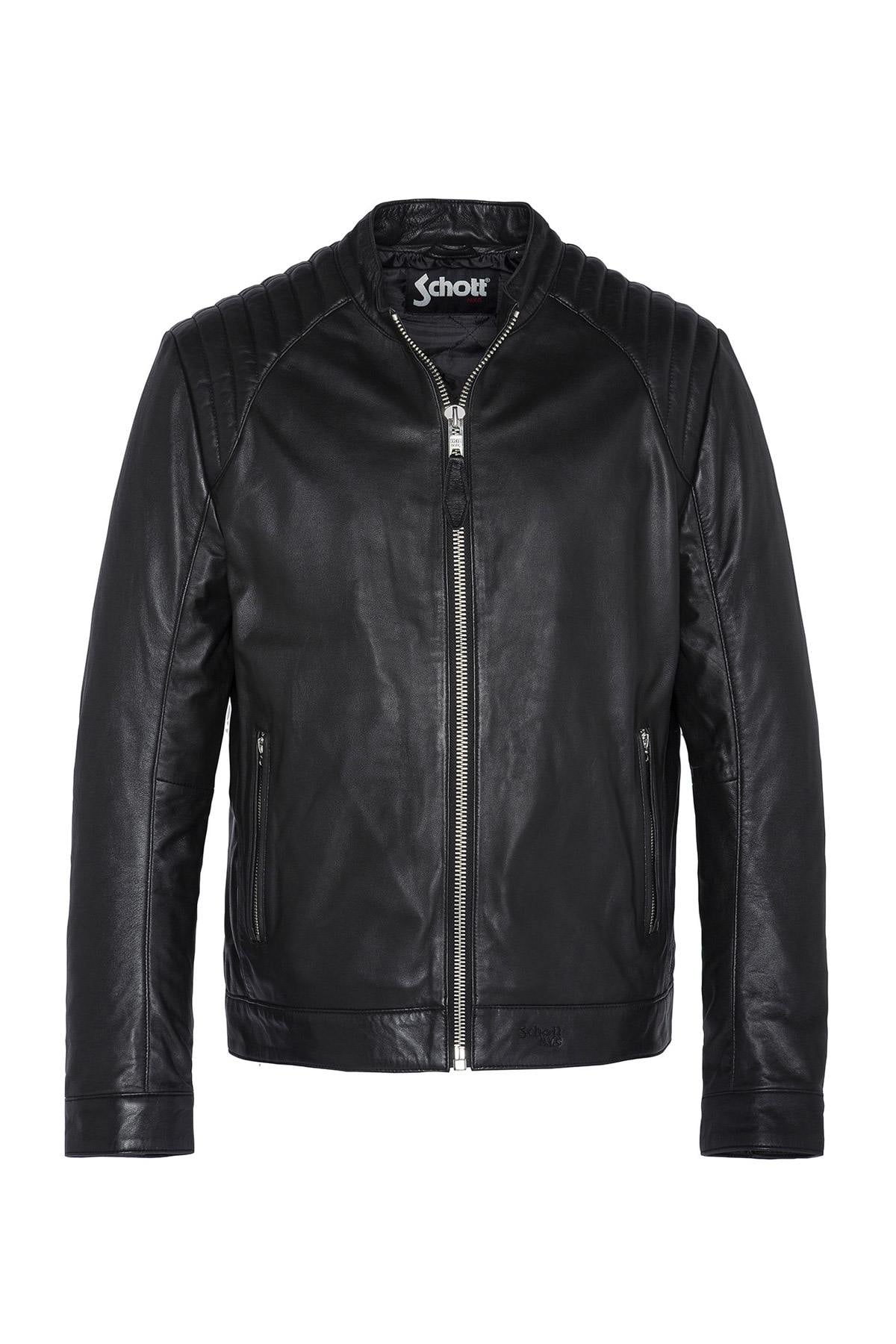 Rock-chic lambskin jacket by Schott: crinkled, matte, Mao collar. - Image n°8