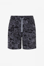 Black cartoon print beach shorts - Image n°1