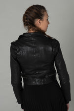 Slim black lambskin jacket, cropped and glossy. Lightweight rock edge. - Image n°3