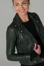 Fitted dark green lambskin jacket. Ultra-feminine with a biker edge. - Image n°4