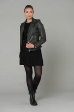 A dark khaki sheep leather biker jacket, slim and rock-chic in design. - Image n°2