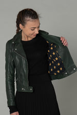 Fitted dark green lambskin jacket. Ultra-feminine with a biker edge. - Image n°5