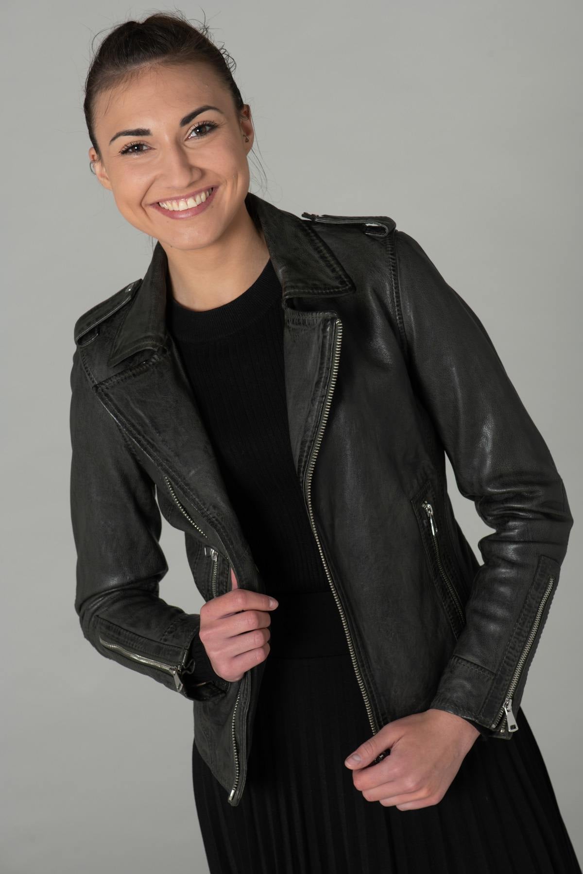 A dark khaki sheep leather biker jacket, slim and rock-chic in design. - Image n°3
