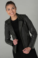 A dark khaki sheep leather biker jacket, slim and rock-chic in design. - Image n°3