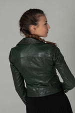 Fitted dark green lambskin jacket. Ultra-feminine with a biker edge. - Image n°6