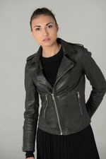 A dark khaki sheep leather biker jacket, slim and rock-chic in design. - Image n°1