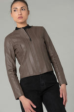 Slim taupe lambskin jacket with textured stitching for urban chic. - Image n°7