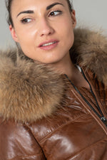 Long down jacket in cognac genuine leather - Image n°9