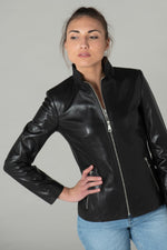 Black lambskin jacket, slim fit, full-zip collar and satin lining. - Image n°1