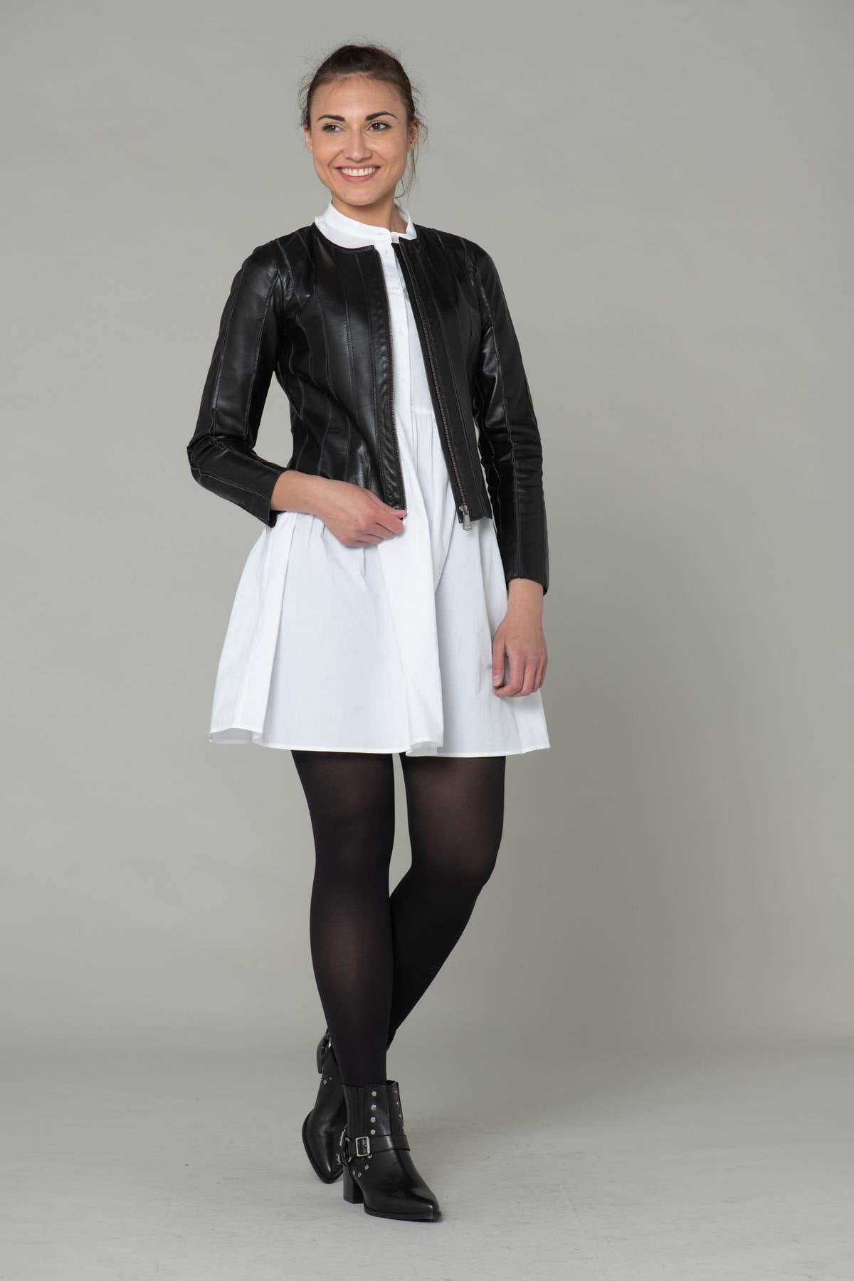 Black lambskin jacket, slim fit, textured ridges, biker-style collar. - Image n°4
