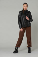Curve-fit black sheep leather biker jacket with metallic zips. - Image n°6
