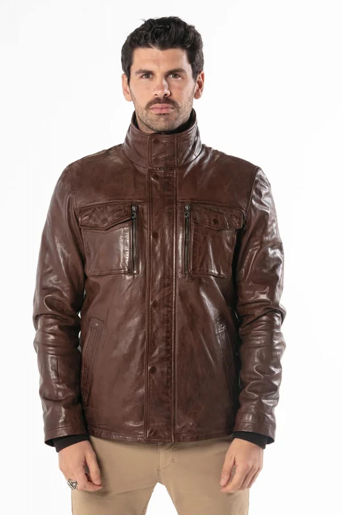 Bison-hued sheepskin jacket with zip-and-button closure and lining. - Image n°3