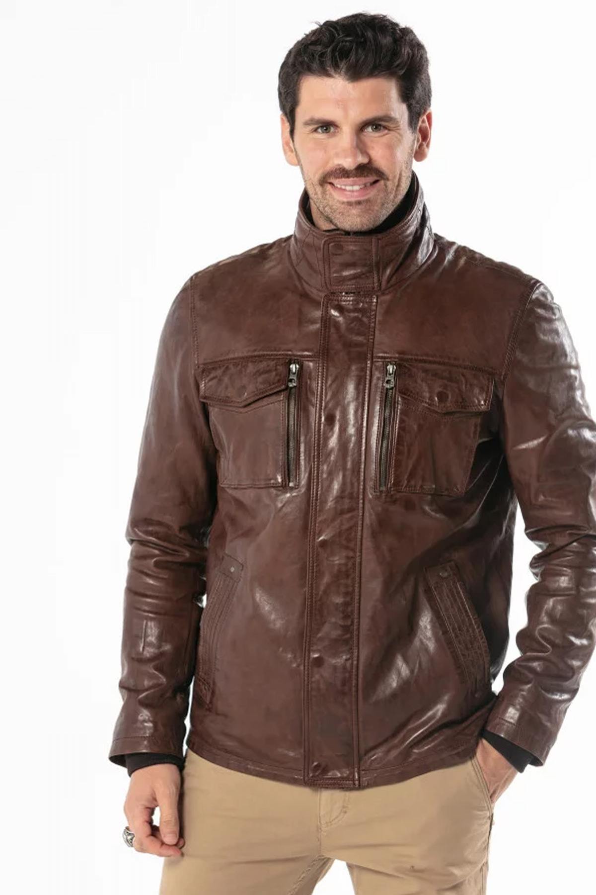 Bison-hued sheepskin jacket with zip-and-button closure and lining. - Image n°1