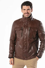 Bison-hued sheepskin jacket with zip-and-button closure and lining. - Image n°1