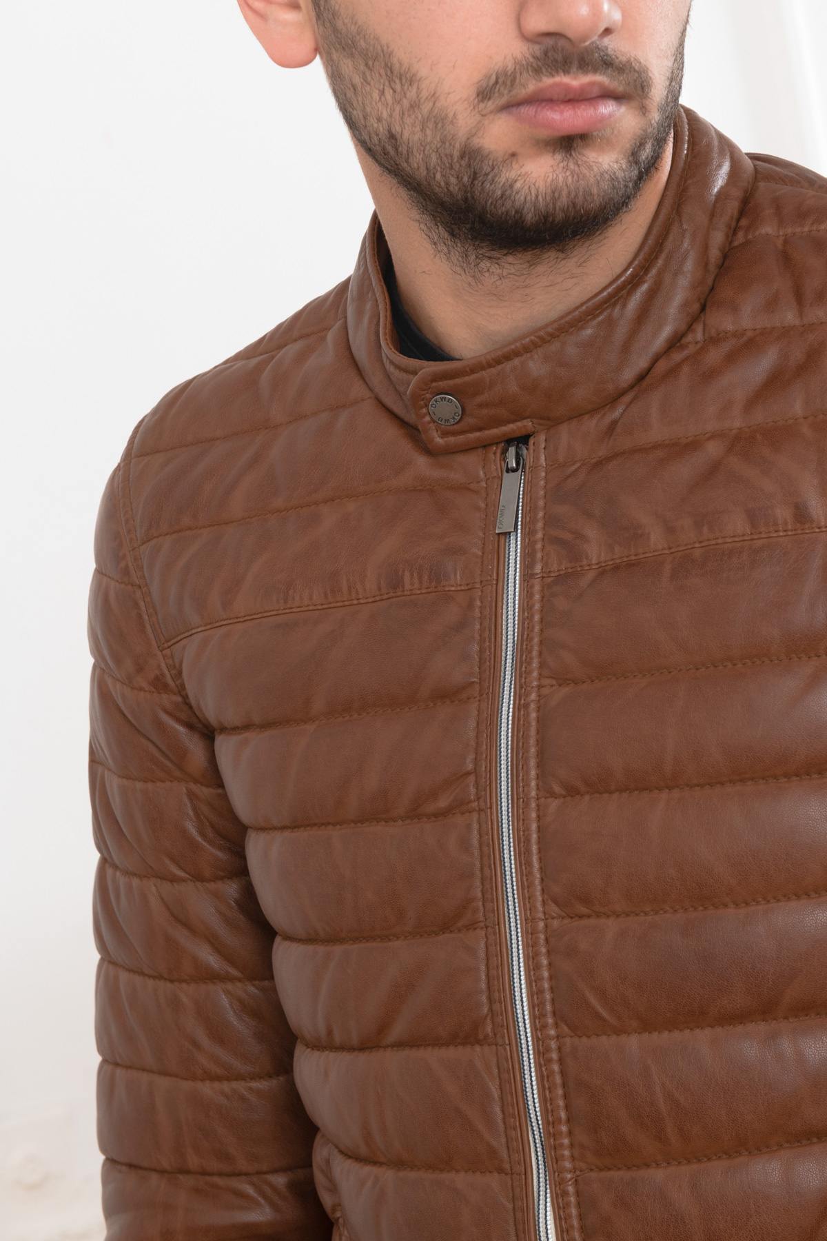 Quilted coffee-brown sheepskin jacket with biker-inspired warmth. - Image n°5