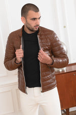 Quilted coffee-brown sheepskin jacket with biker-inspired warmth. - Image n°3