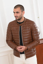 Quilted coffee-brown sheepskin jacket with biker-inspired warmth. - Image n°4