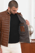 Quilted coffee-brown sheepskin jacket with biker-inspired warmth. - Image n°6