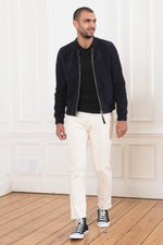 Slim A2-style navy suede jacket in goat leather for a sharp look. - Image n°6