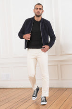 Slim A2-style navy suede jacket in goat leather for a sharp look. - Image n°9