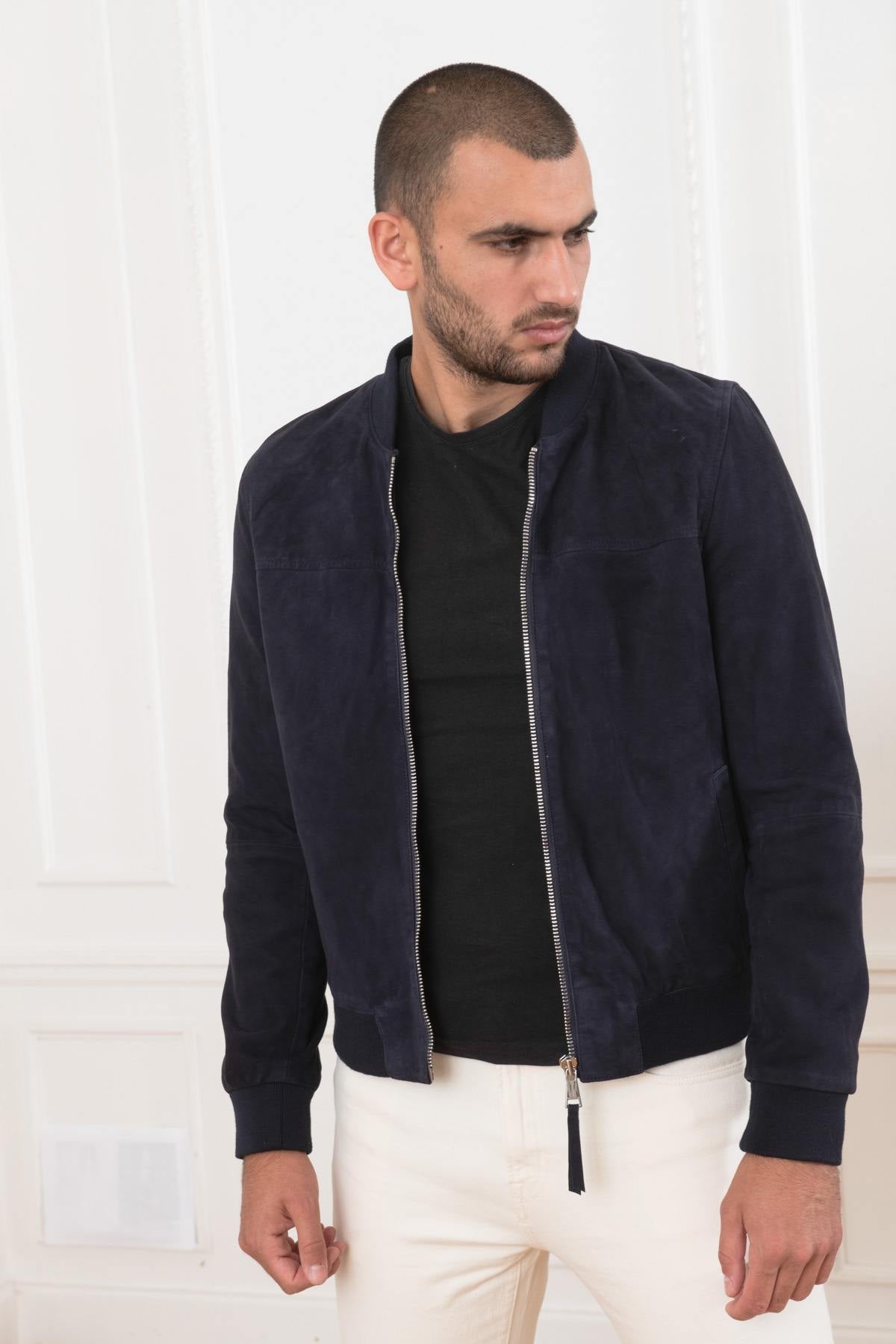Slim A2-style navy suede jacket in goat leather for a sharp look. - Image n°1