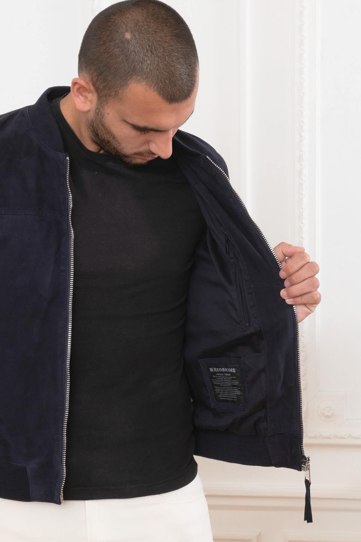 Slim A2-style navy suede jacket in goat leather for a sharp look. - Image n°4