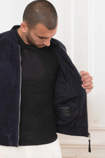 Slim A2-style navy suede jacket in goat leather for a sharp look. - Image n°4