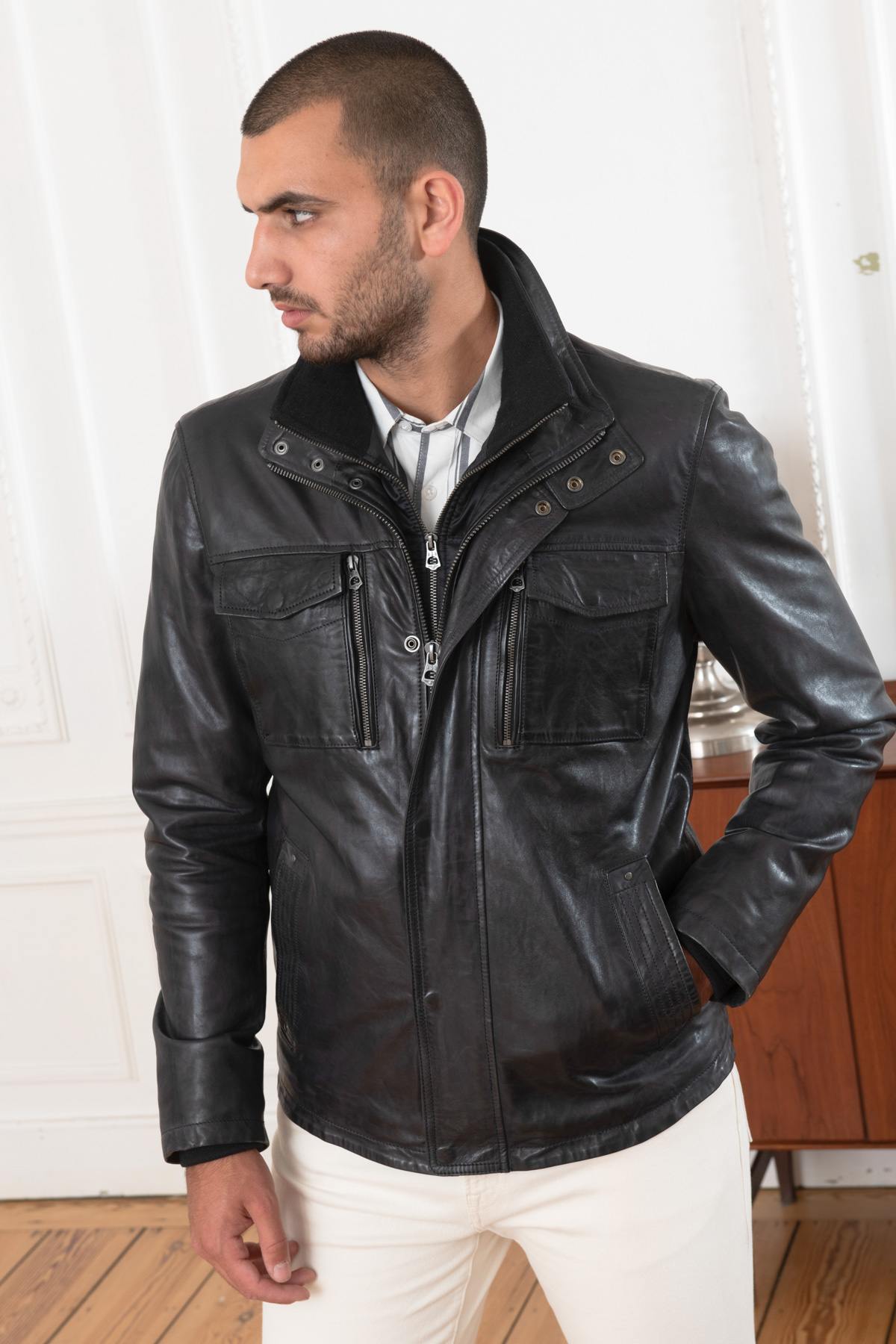 Midnight blue sheep leather jacket with removable collar and zip. - Image n°7