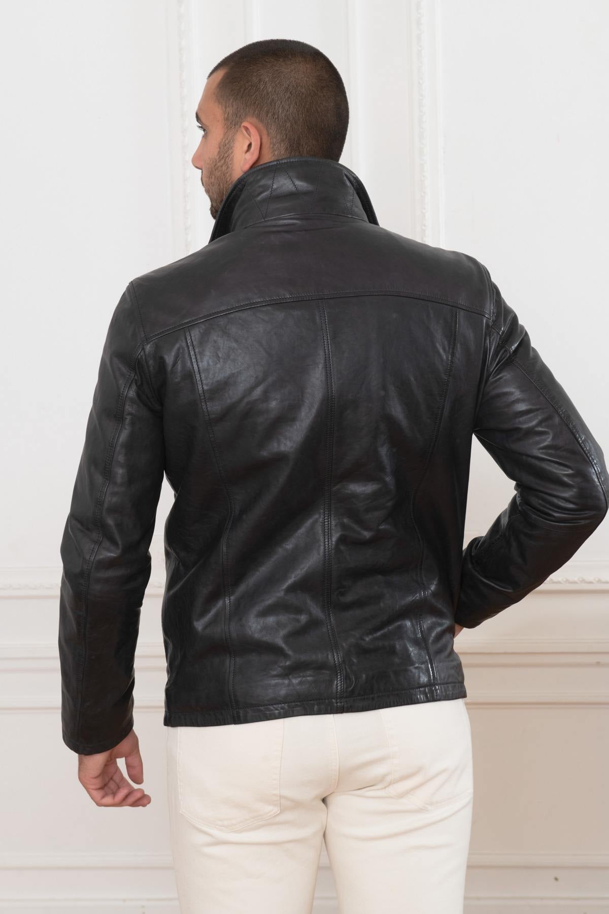 Midnight blue sheep leather jacket with removable collar and zip. - Image n°9