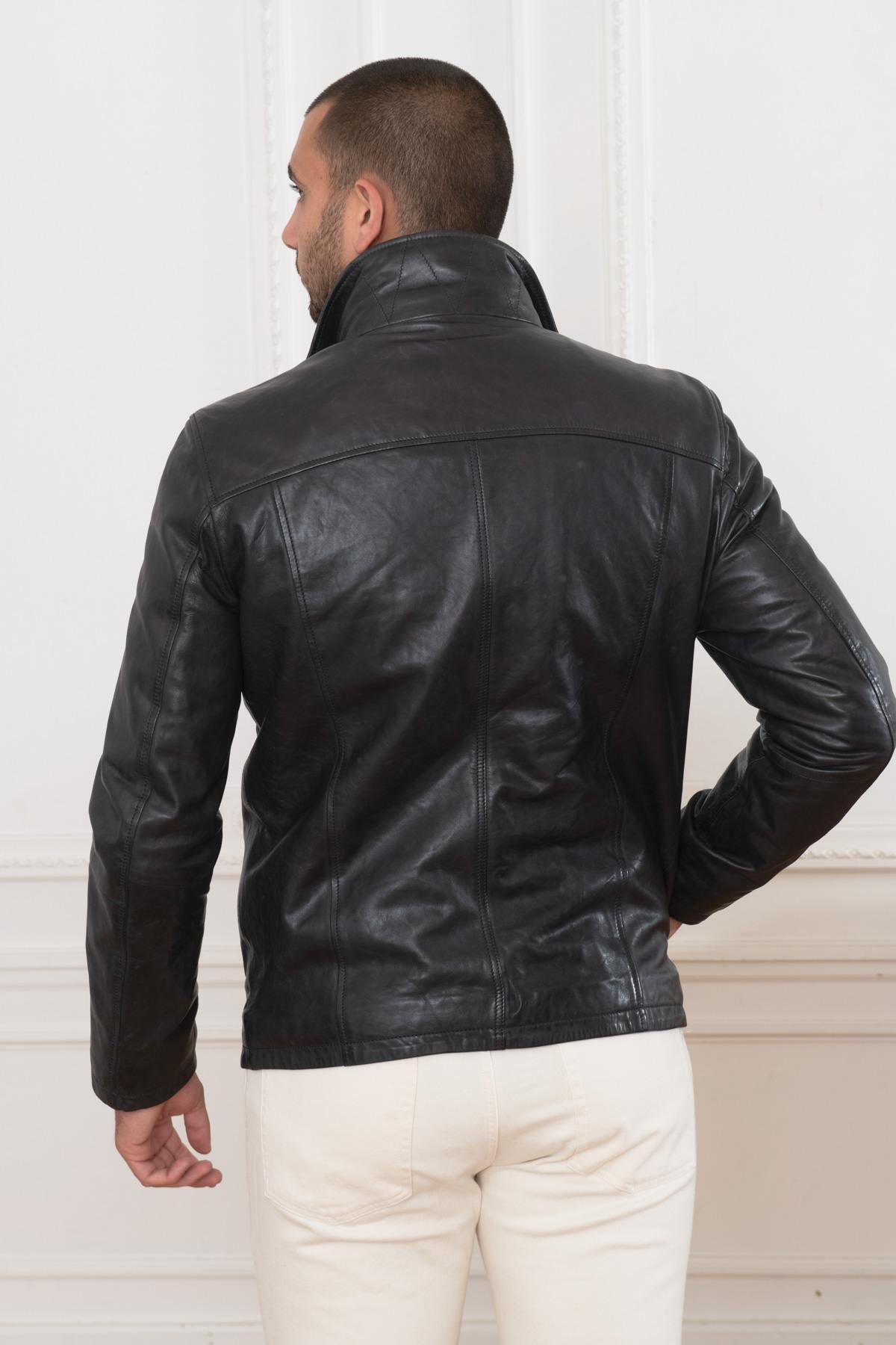 Midnight blue sheep leather jacket with removable collar and zip. - Image n°9