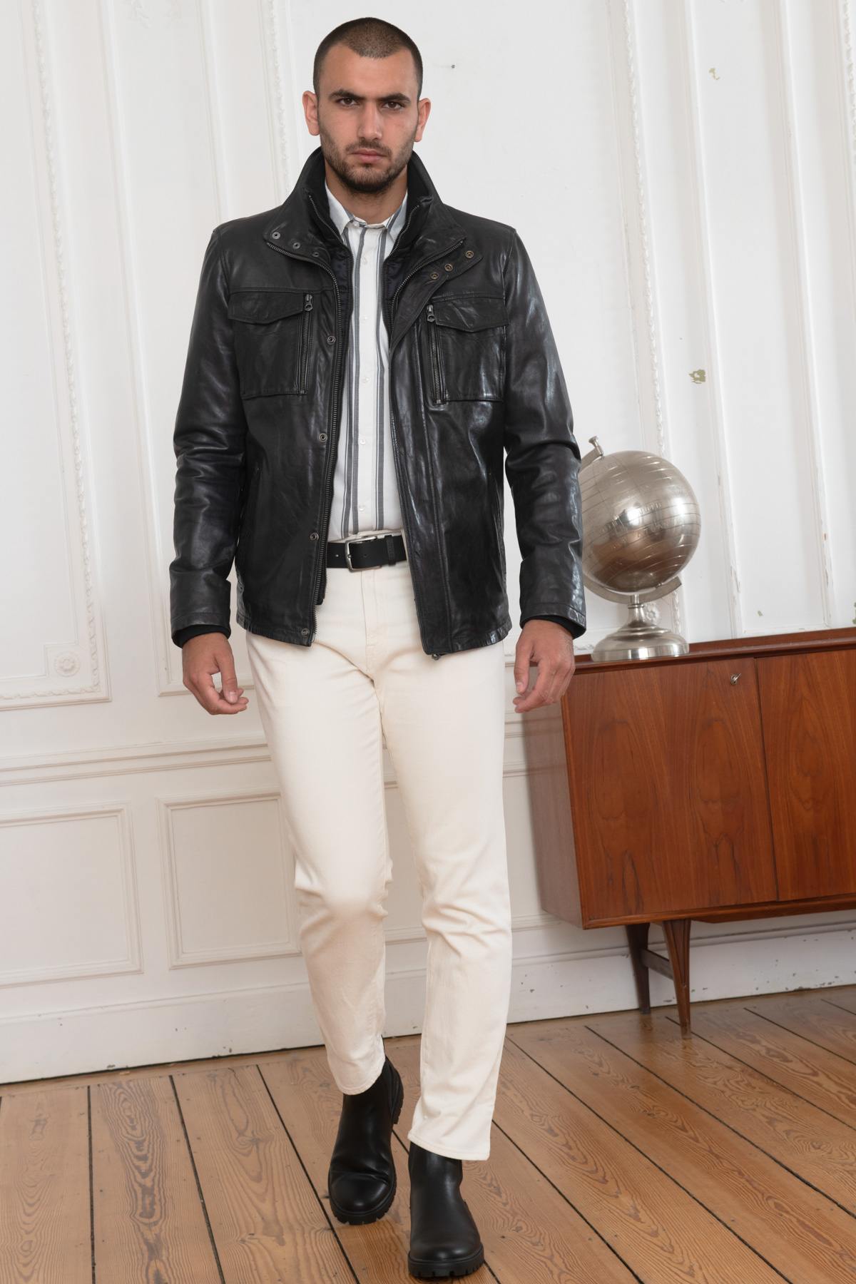 Midnight blue sheep leather jacket with removable collar and zip. - Image n°6