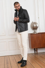 Midnight blue sheep leather jacket with removable collar and zip. - Image n°8
